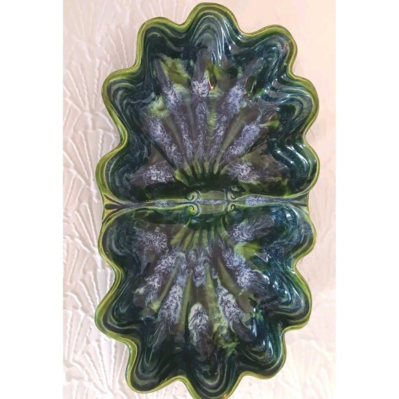 Vintage MCM  Cali Pottery Divided Leaf Dish CALIF. USA 30 Green Drip Glaze - Picture 3 of 13